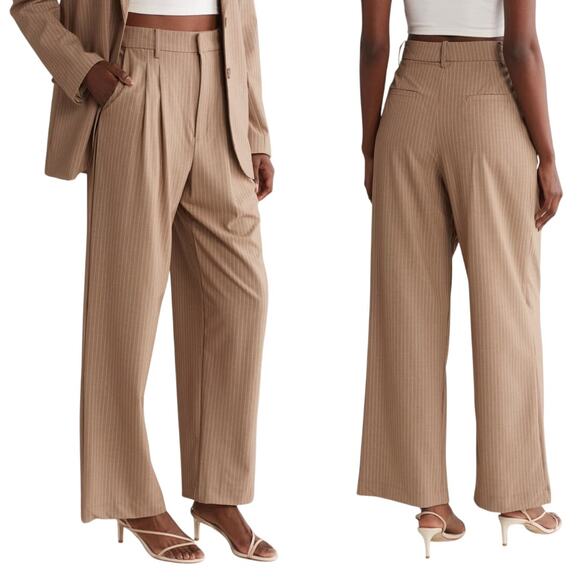 WAYF PLATED WIDE LEG CAREER PANTS IN BEIGE STRIPE NWT WOMEN'S‎ SIZE SMALL - Picture 1 of 13